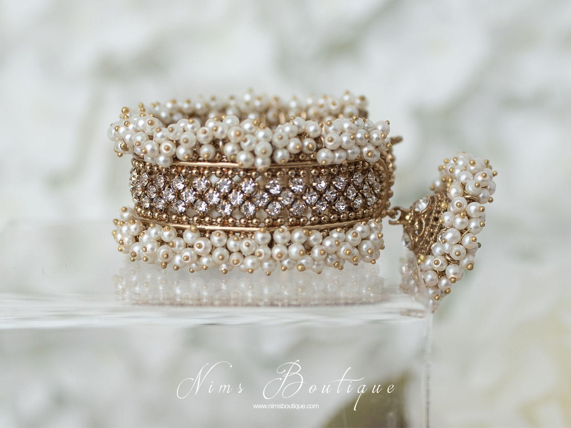 Nims Boutique Royal Pearl Cluster Bracelet with hanging chumka
