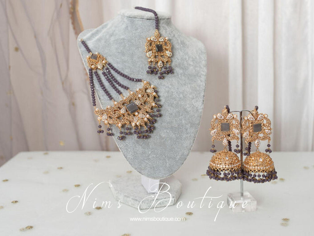 Nims Boutique Ridhi Dark Grey Earrings, Tikka & Passa Set