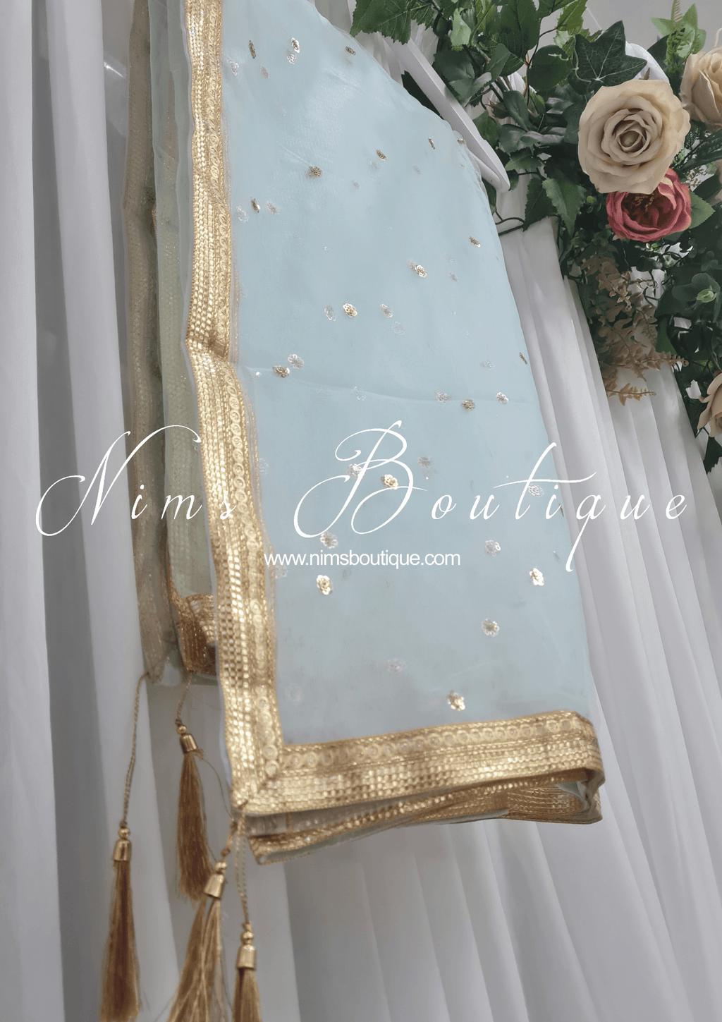 Nims Boutique Light Blue Net Sequin Dupatta/Chunni