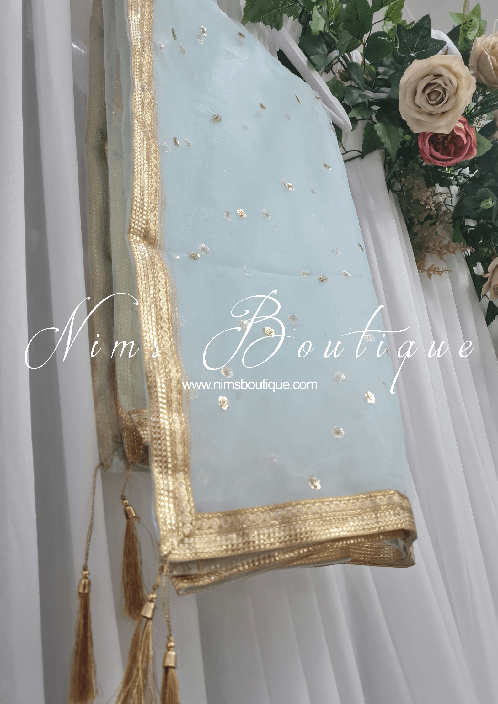 Nims Boutique Light Blue Net Sequin Dupatta/Chunni