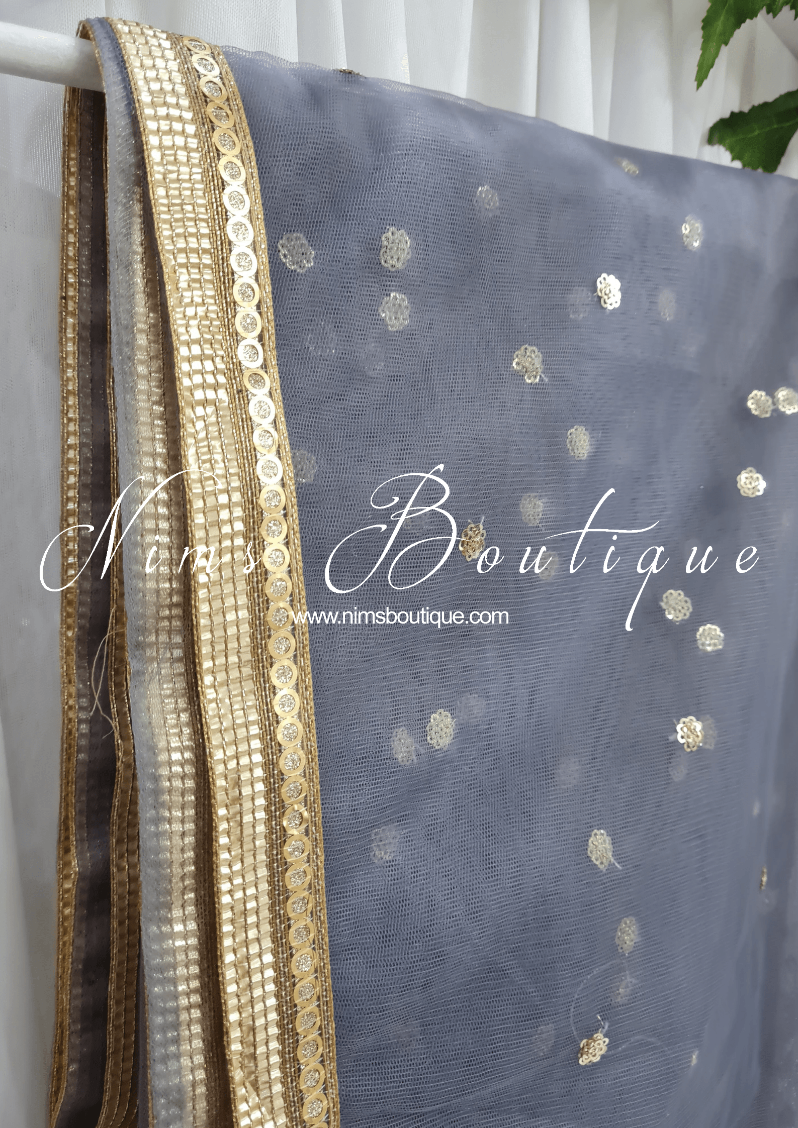 Nims Boutique Grey Net Sequin Dupatta/Chunni