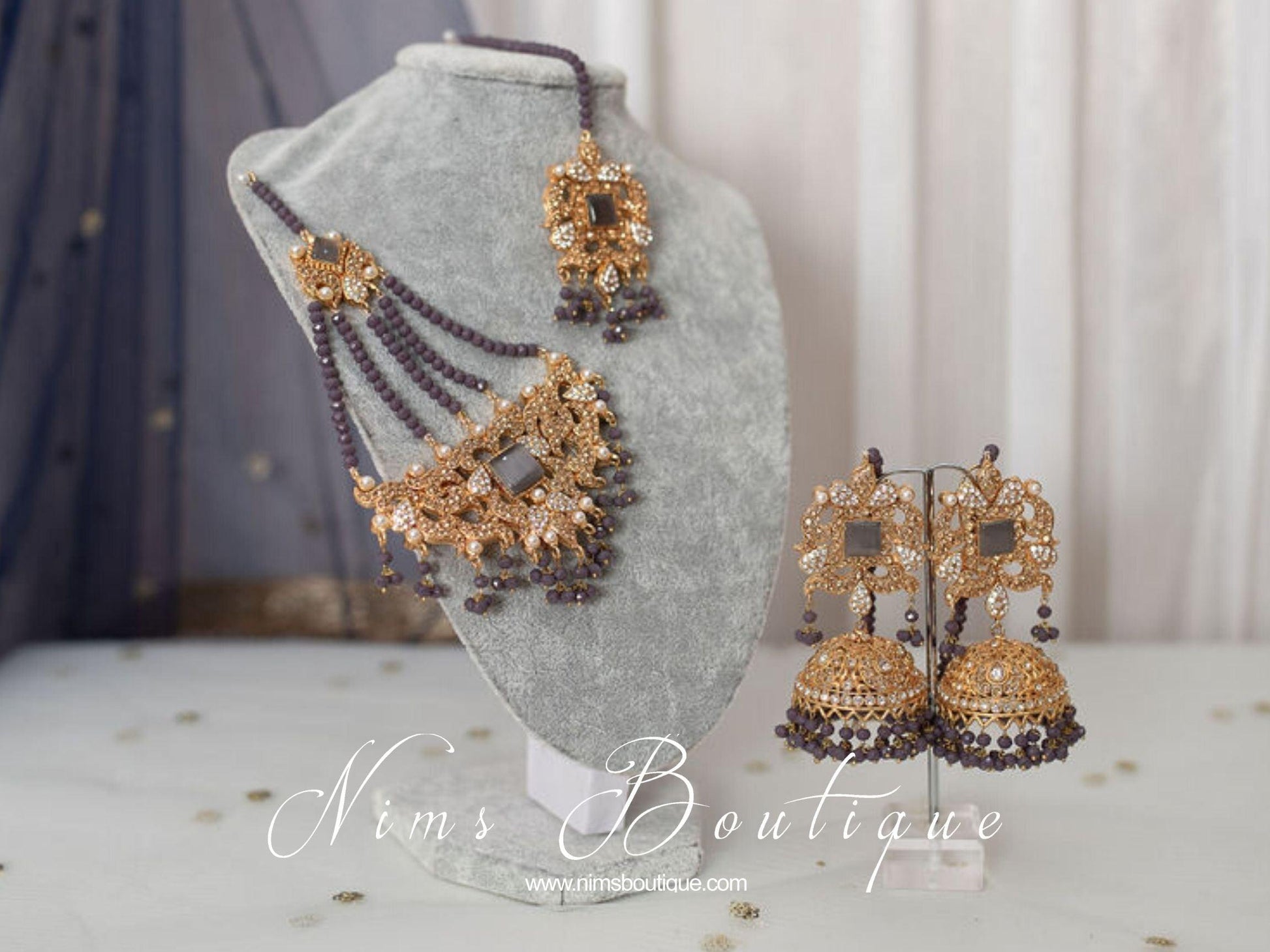 Nims Boutique Ridhi Dark Grey Earrings, Tikka & Passa Set