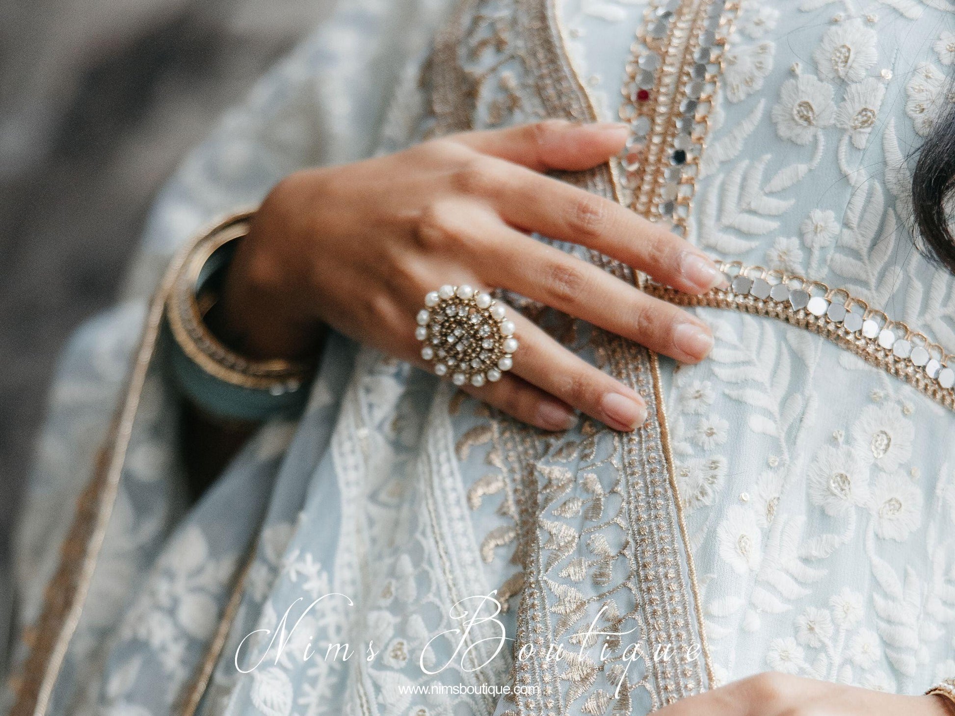 Nims Boutique Royal Pearl & Clear Stone Ring