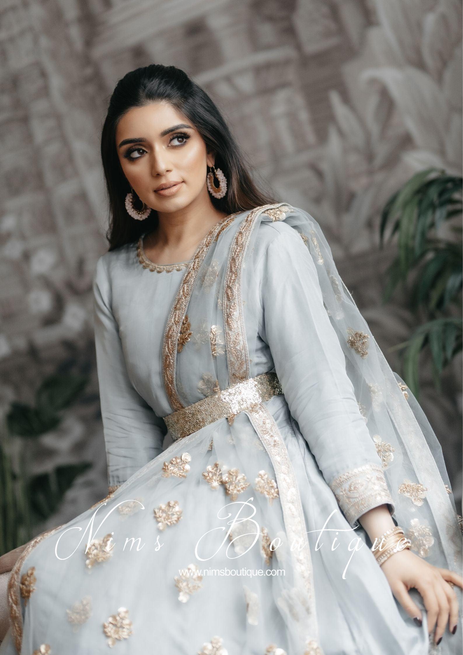 Nims Boutique Rashmi Luxury Grey Silk Anarkali Suit with Pajami size 6-8