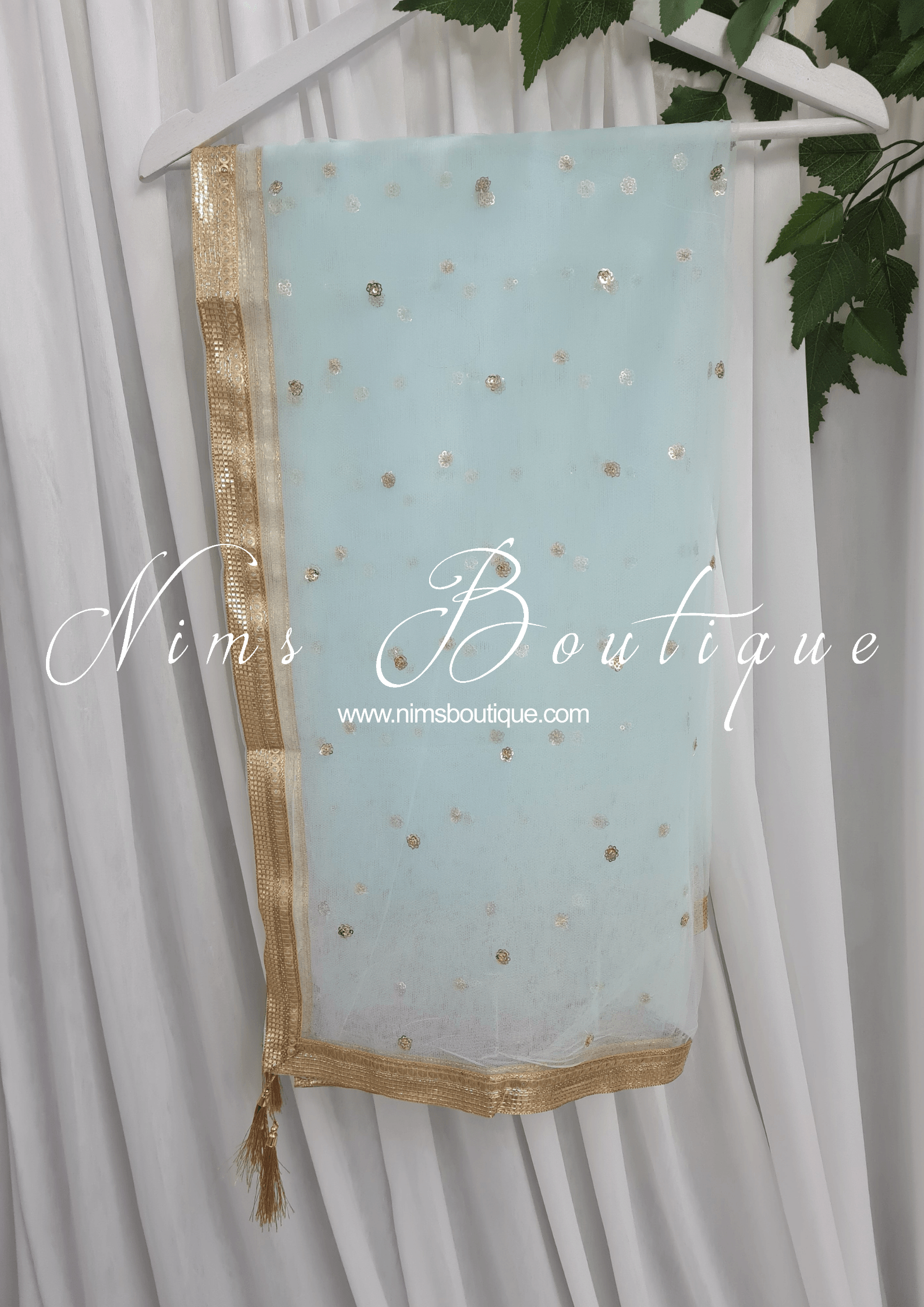 Nims Boutique Light Blue Net Sequin Dupatta/Chunni