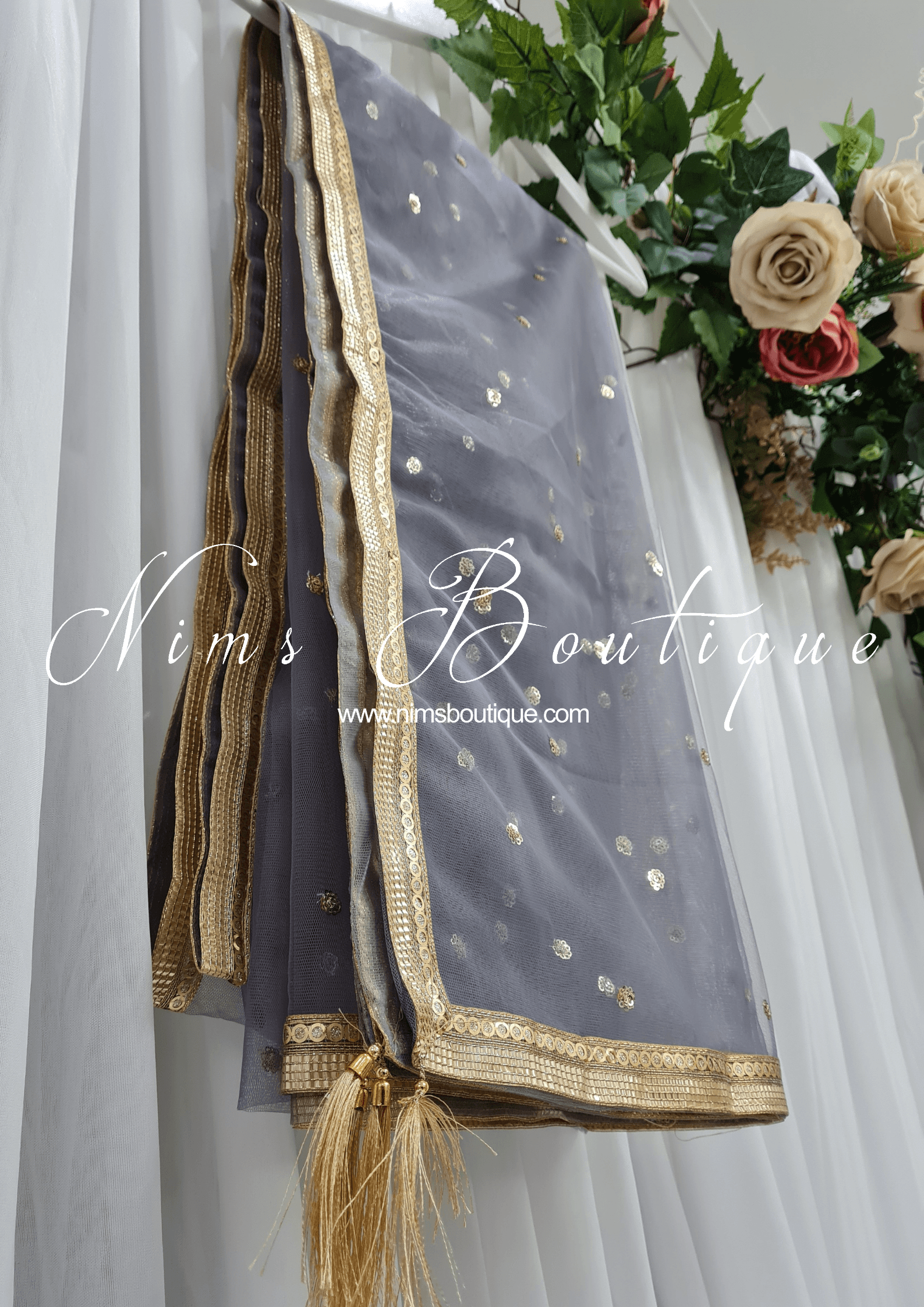Nims Boutique Grey Net Sequin Dupatta/Chunni