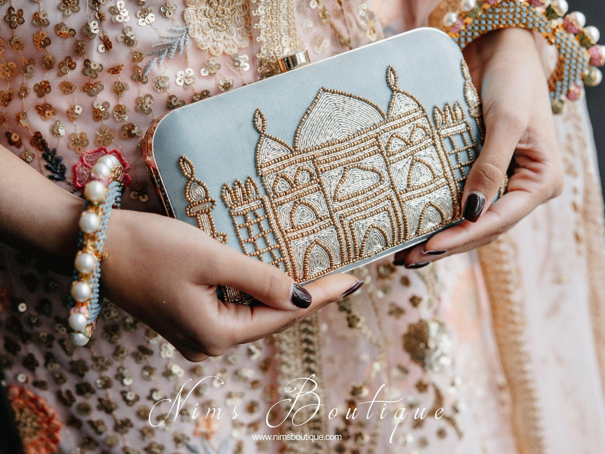 Nims Boutique Taj Pastel Blue Raw Silk Clutch Bag