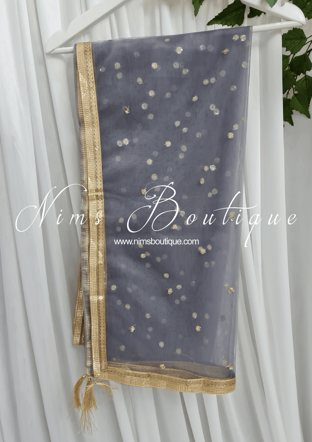 Nims Boutique Grey Net Sequin Dupatta/Chunni