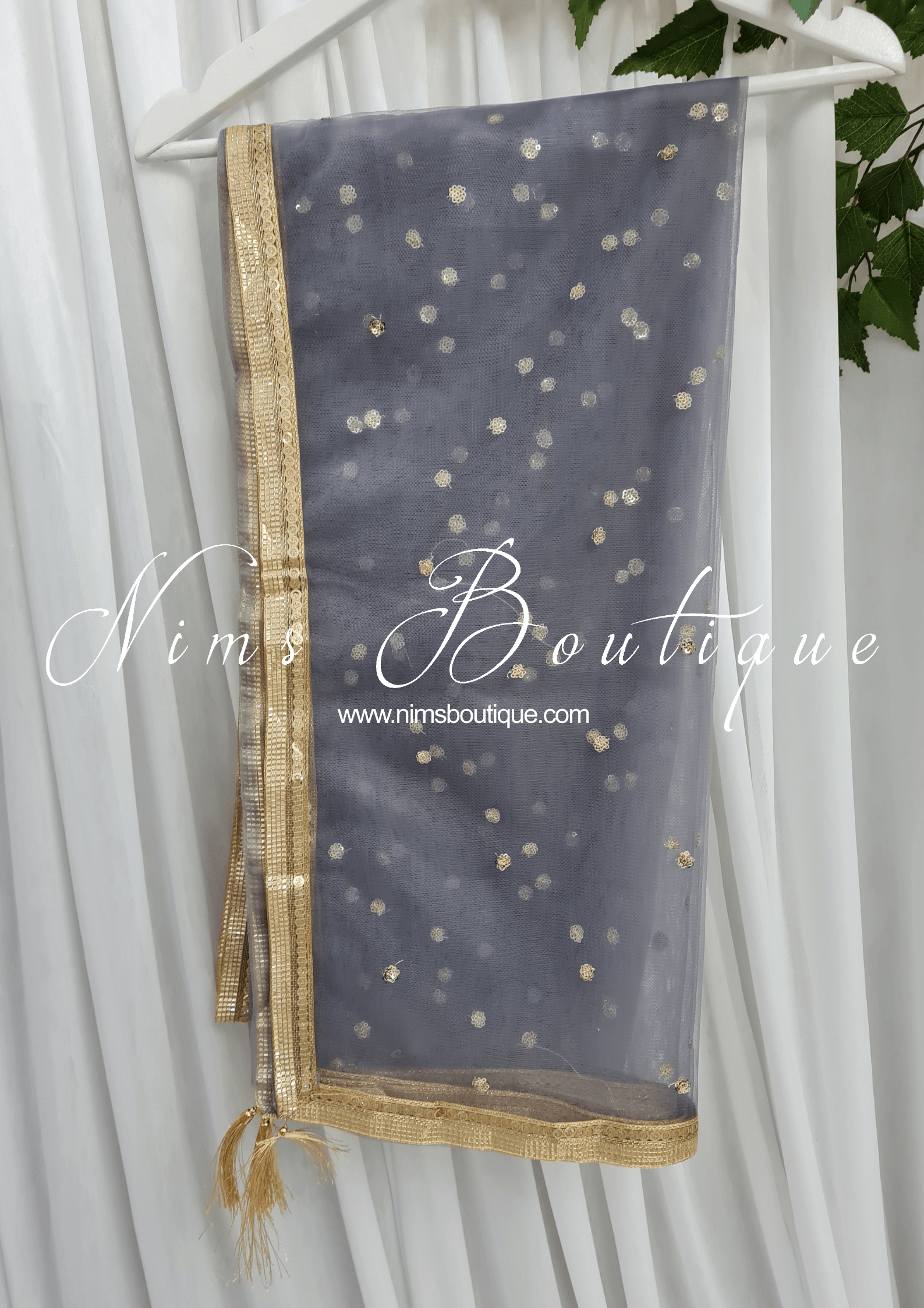 Nims Boutique Grey Net Sequin Dupatta/Chunni