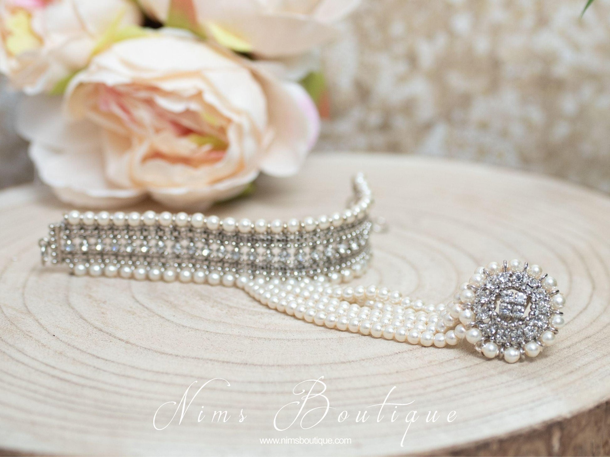 Nims Boutique Royal Silver & Pearl Small Handpiece / Hath Panja