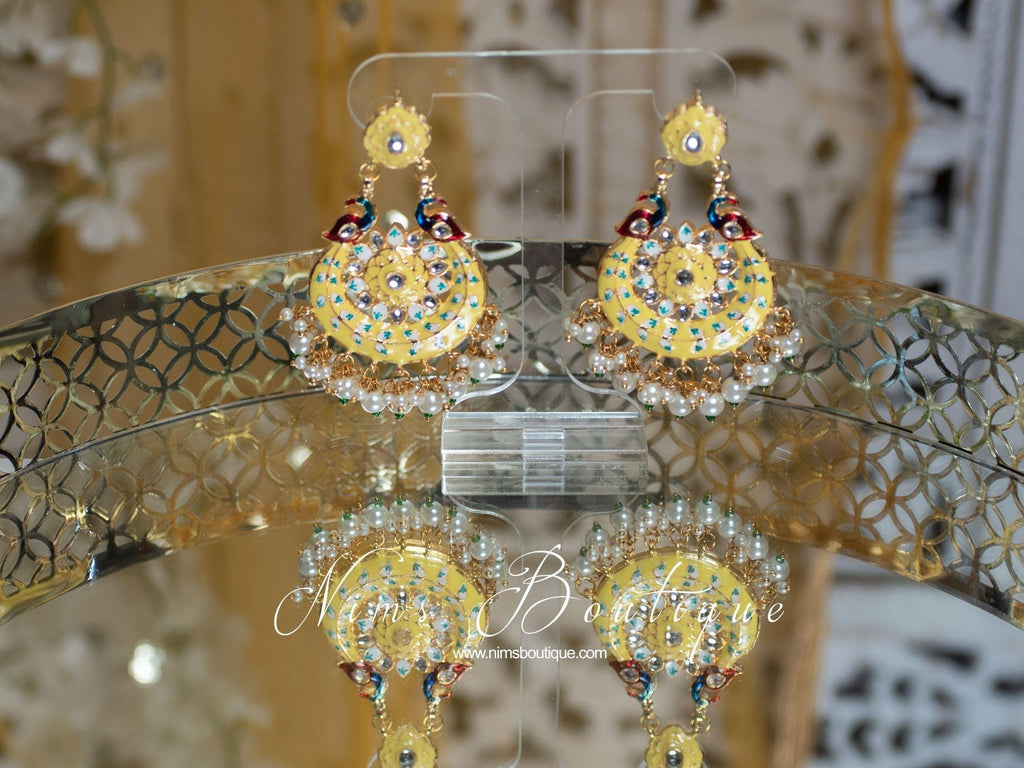 Nims Boutique Moorni Lemon Yellow Meenakari Peacock Earrings