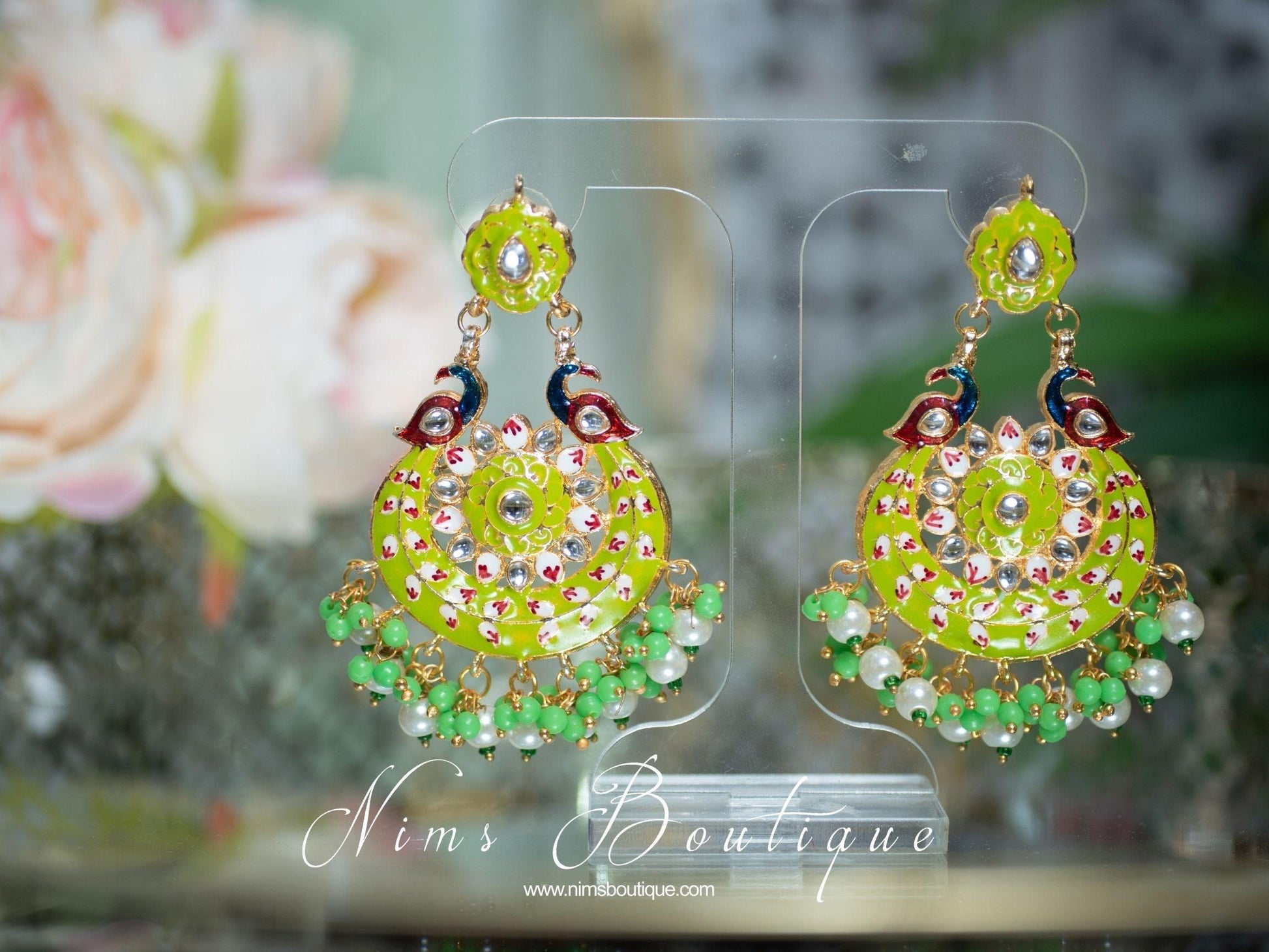 Nims Boutique Moorni Lime Meenakari Peacock Earrings