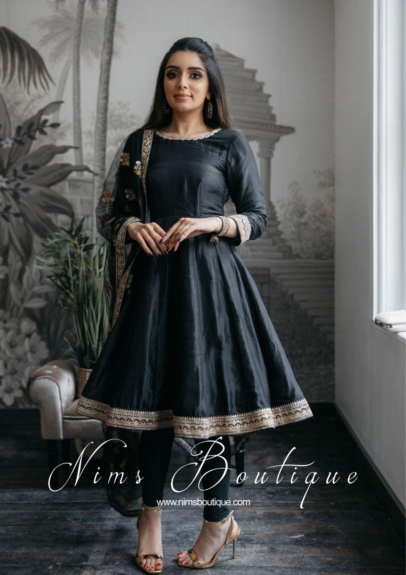 Nims Boutique Rashmi Luxury Black Silk Anarkali Suit with Pajami Sizes 4-16