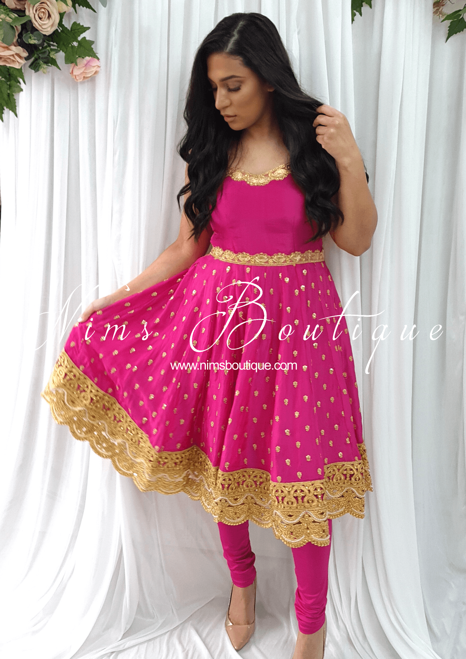 Nims Boutique The NB Luxury Hot Pink Silk Anarkali with Pajami sizes 4-16