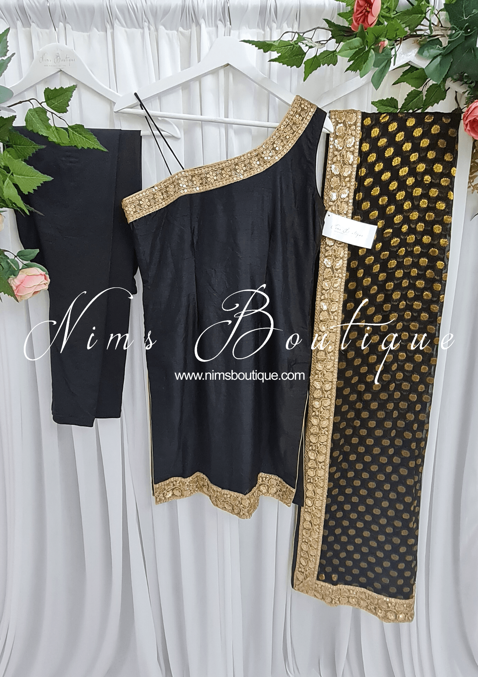 Nims Boutique One Shoulder Silk Black Pajami Suit sizes 4-16
