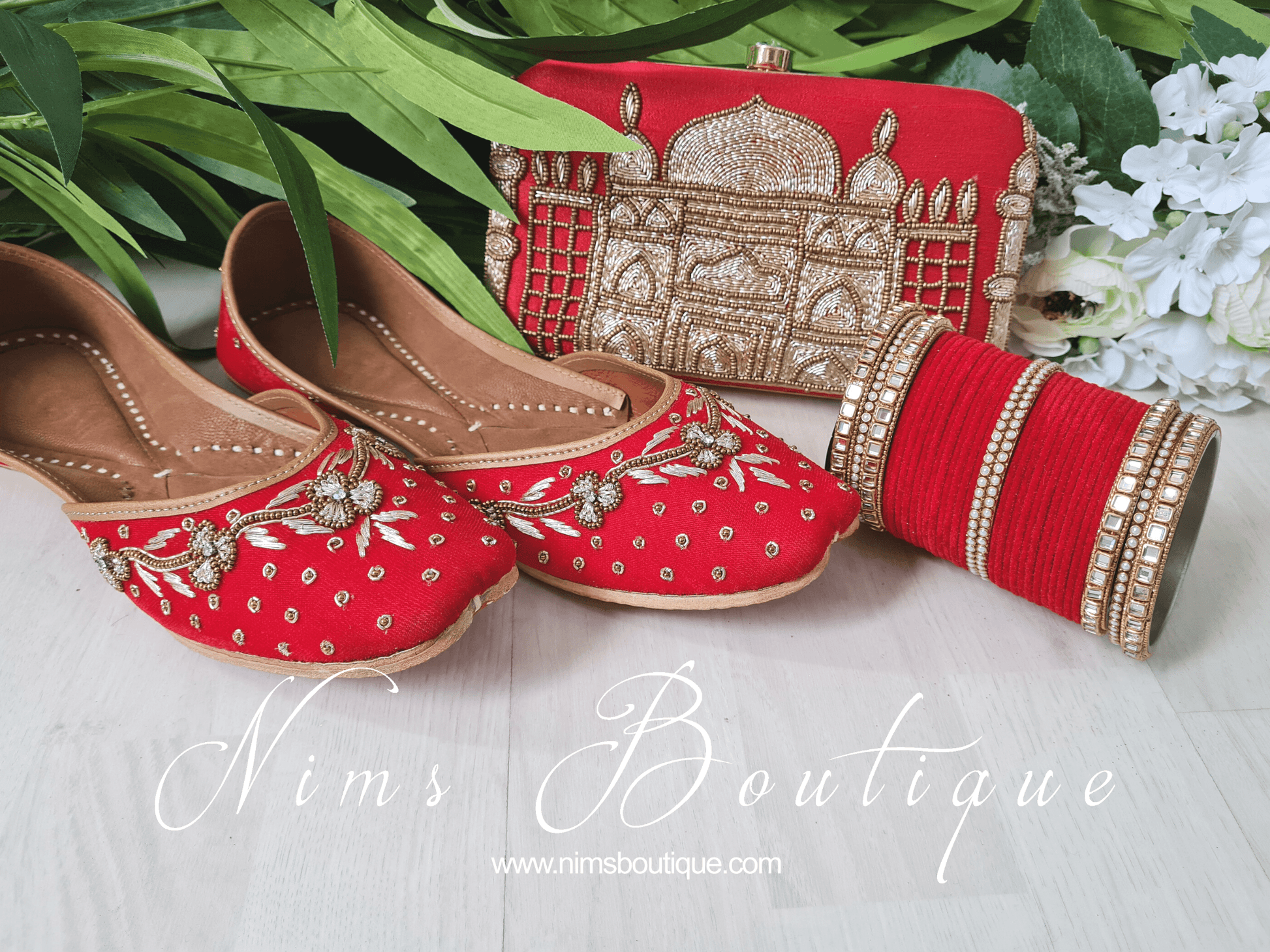 Nims Boutique Red Velvet & Kundan Set of Bangles RV1