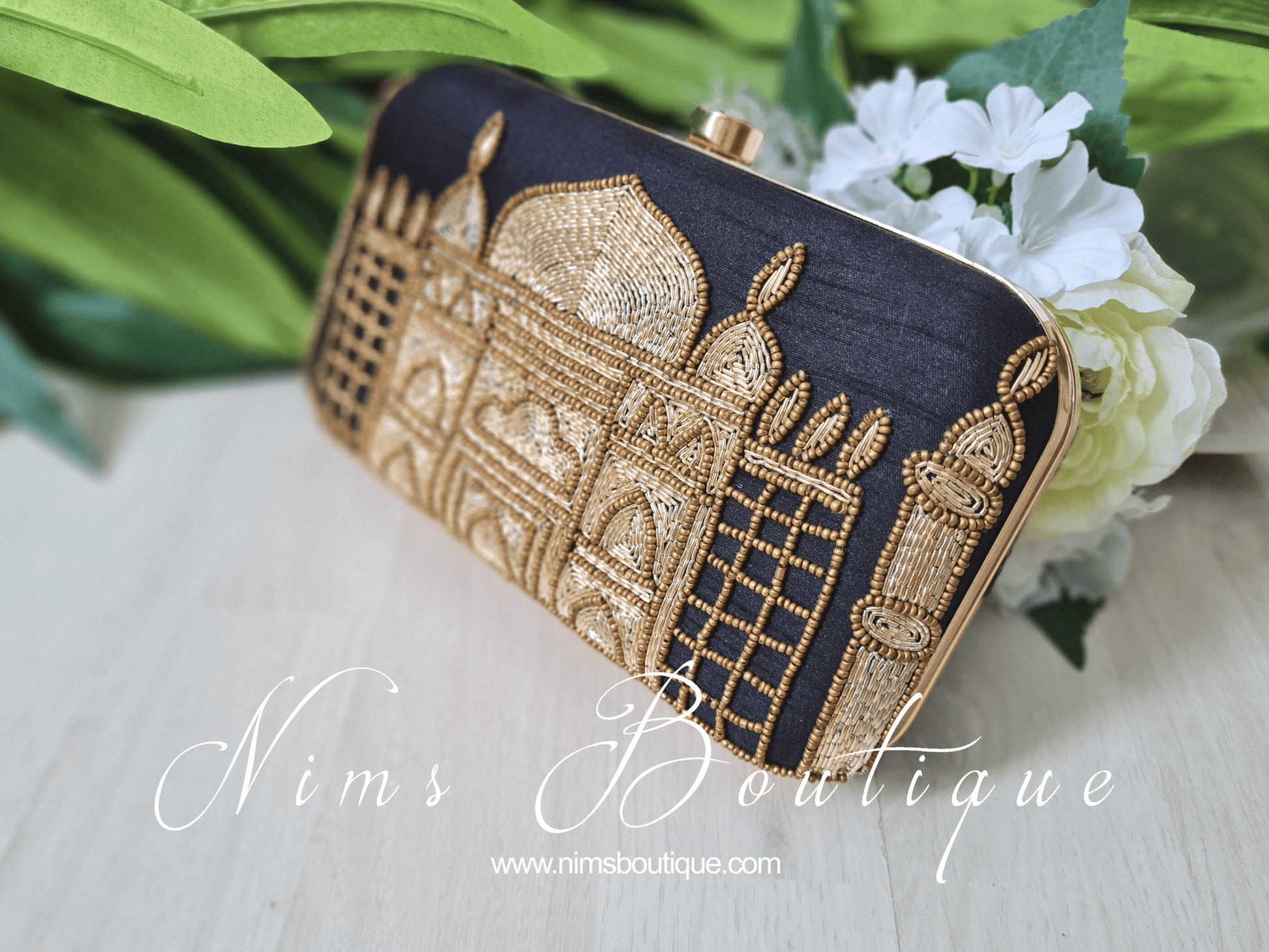 Nims Boutique Taj Black Raw Silk Clutch Bag