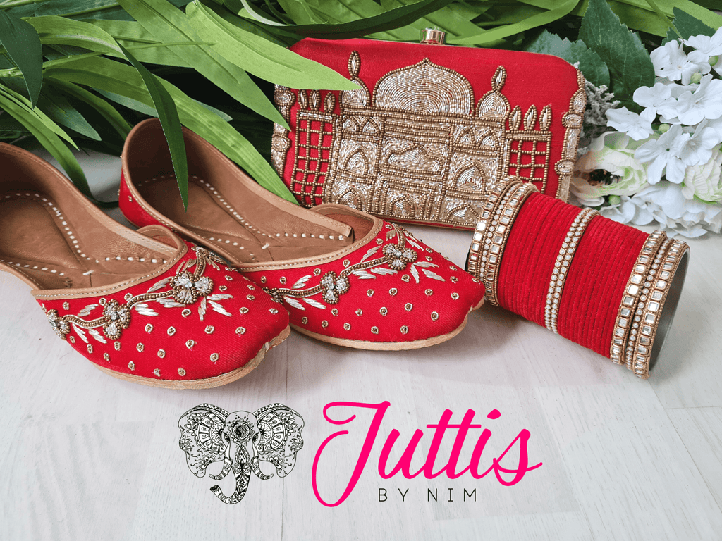 Nims Boutique Luxury Red Velvet Embroidered Leather Punjabi Juttis