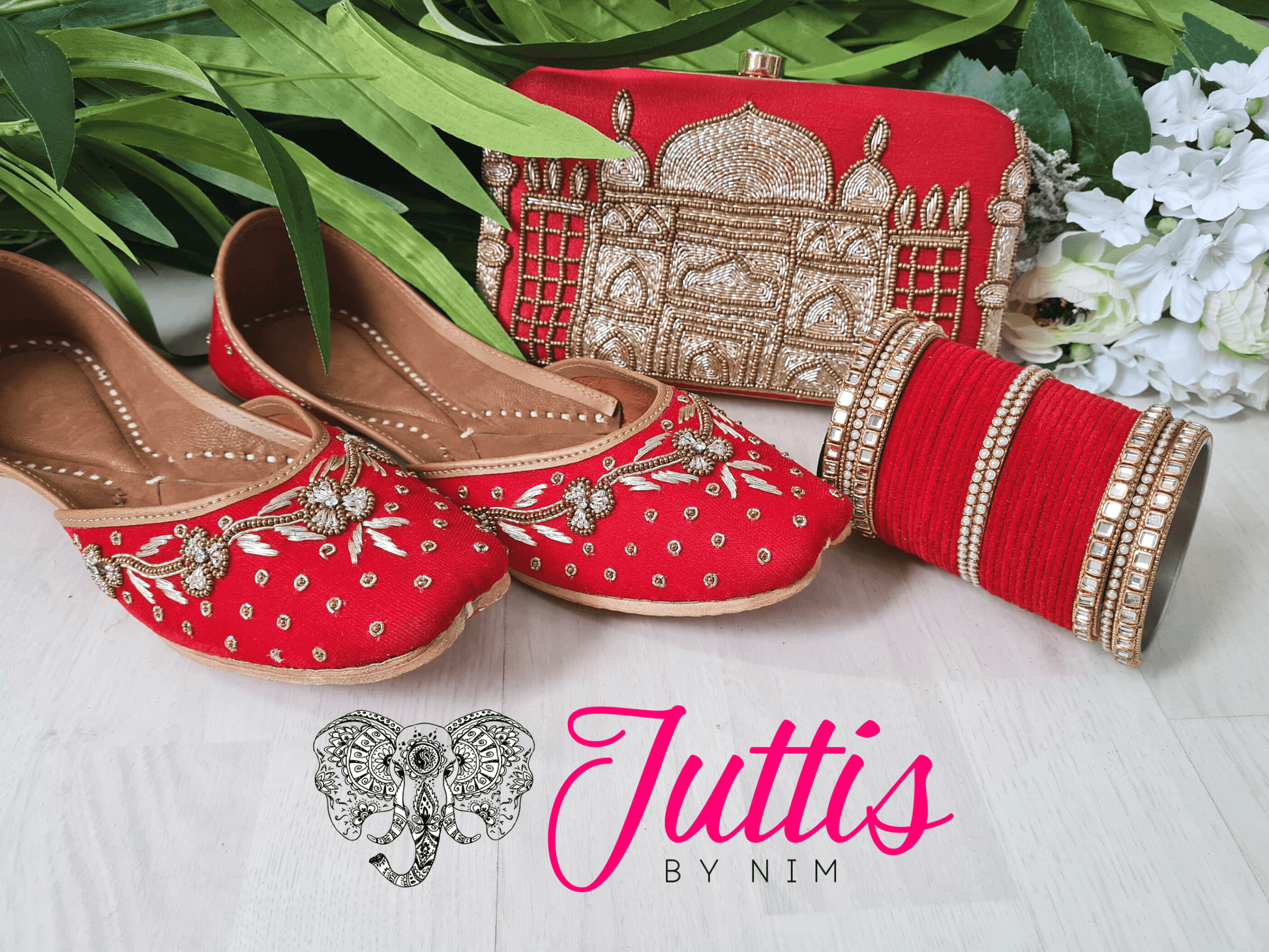 Nims Boutique Luxury Red Velvet Embroidered Leather Punjabi Juttis