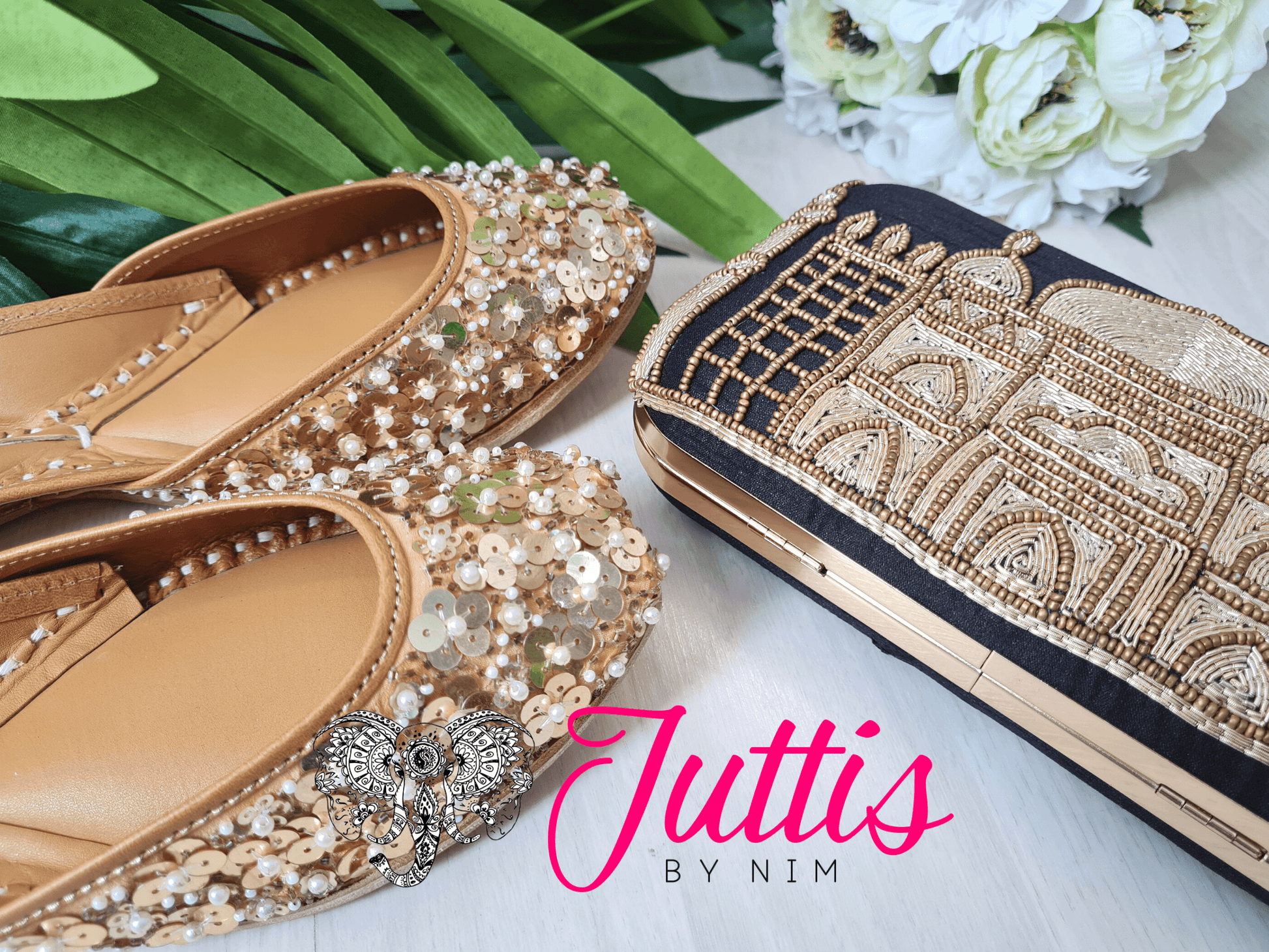 Nims Boutique Luxury Gold Sequin Leather Punjabi Juttis