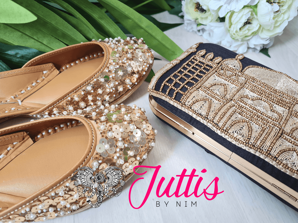 Nims Boutique Luxury Gold Sequin Leather Punjabi Juttis