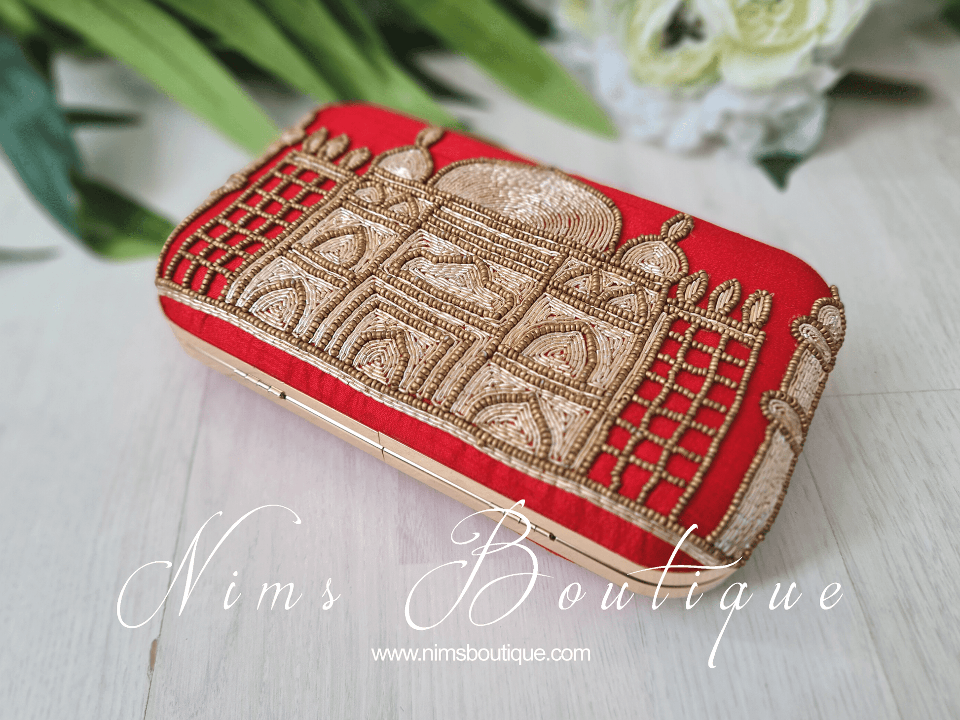Nims Boutique Taj Red Raw Silk Clutch Bag