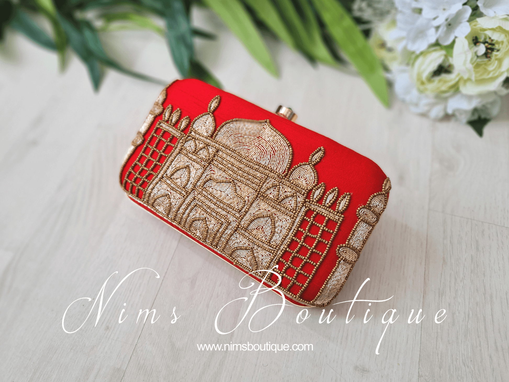 Nims Boutique Taj Red Raw Silk Clutch Bag
