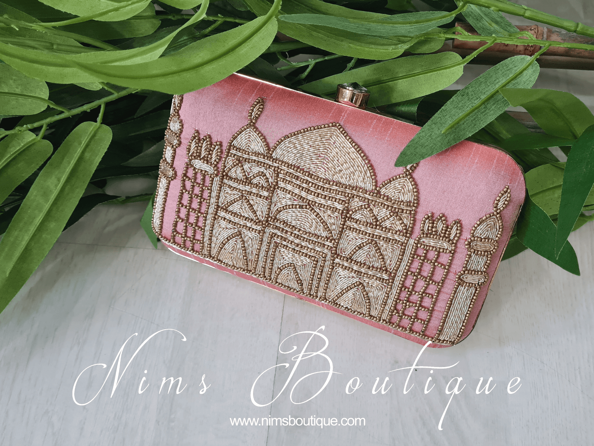 Nims Boutique Taj Blush Pink Raw Silk Clutch Bag
