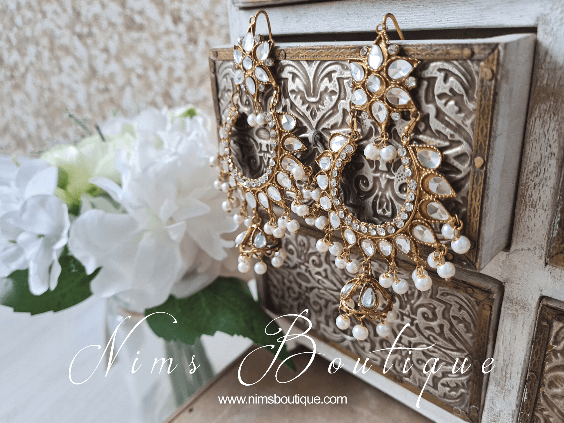 Nims Boutique Small Tanuja Antique Gold & Pearl Maharani Earrings
