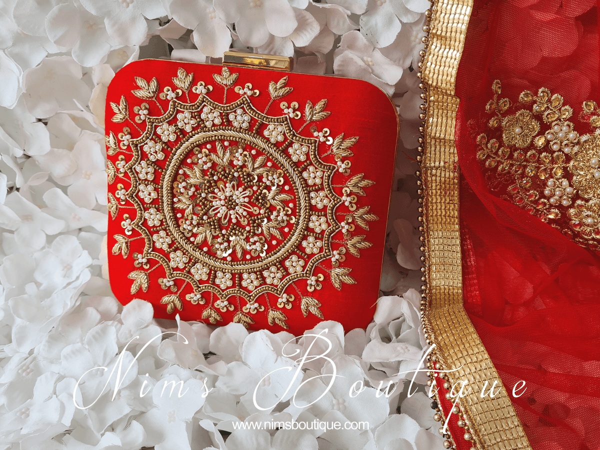 Nims Boutique Large Red Raw Silk Clutch Bag with Pearl & Gold embellishment