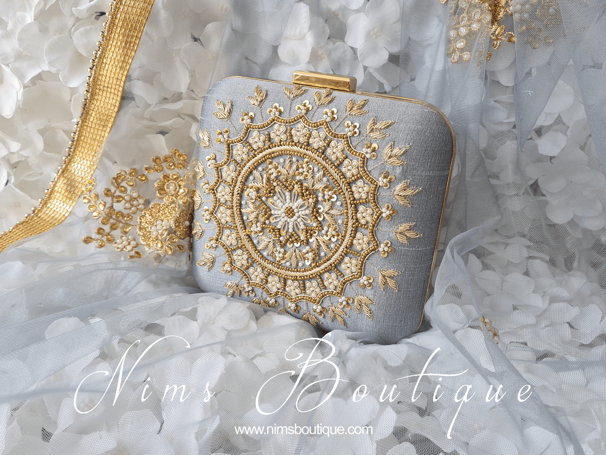 Nims Boutique Large Grey Raw Silk Clutch Bag with Pearl & Gold embellishment