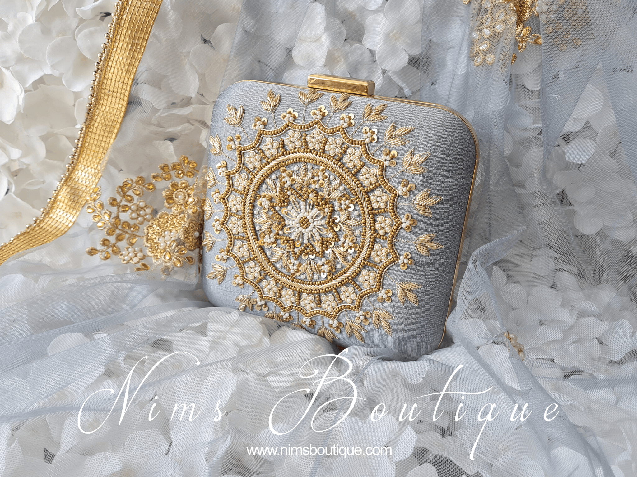 Large Grey Raw Silk Clutch Bag with Pearl Gold embellishment