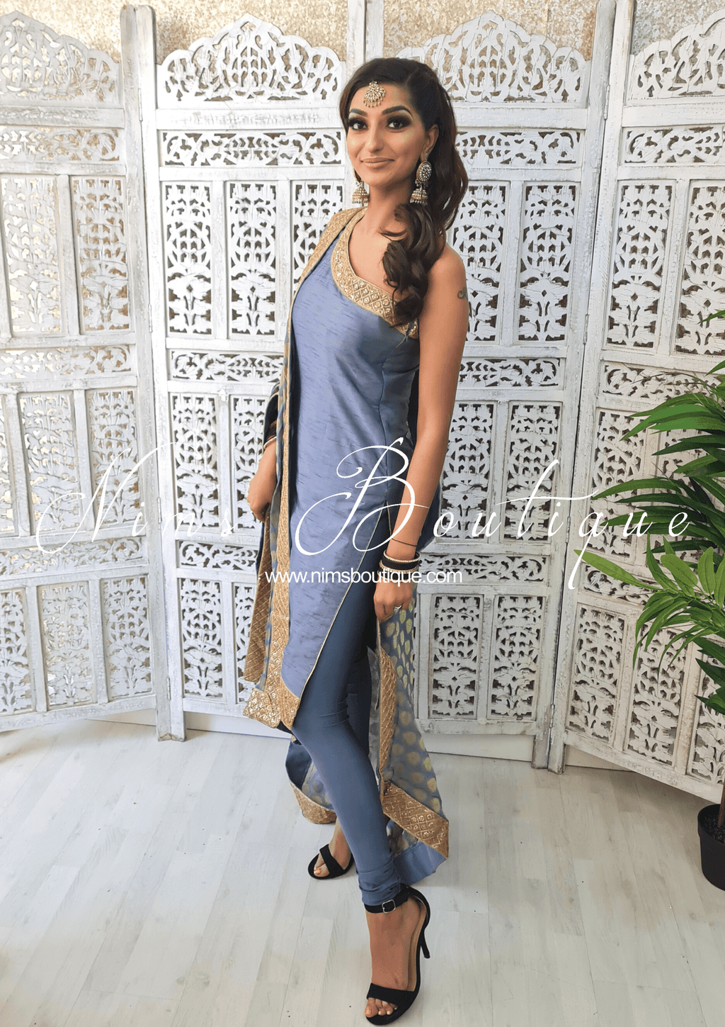 Nims Boutique One Shoulder Silk Grey Pajami Suit sizes 4-16