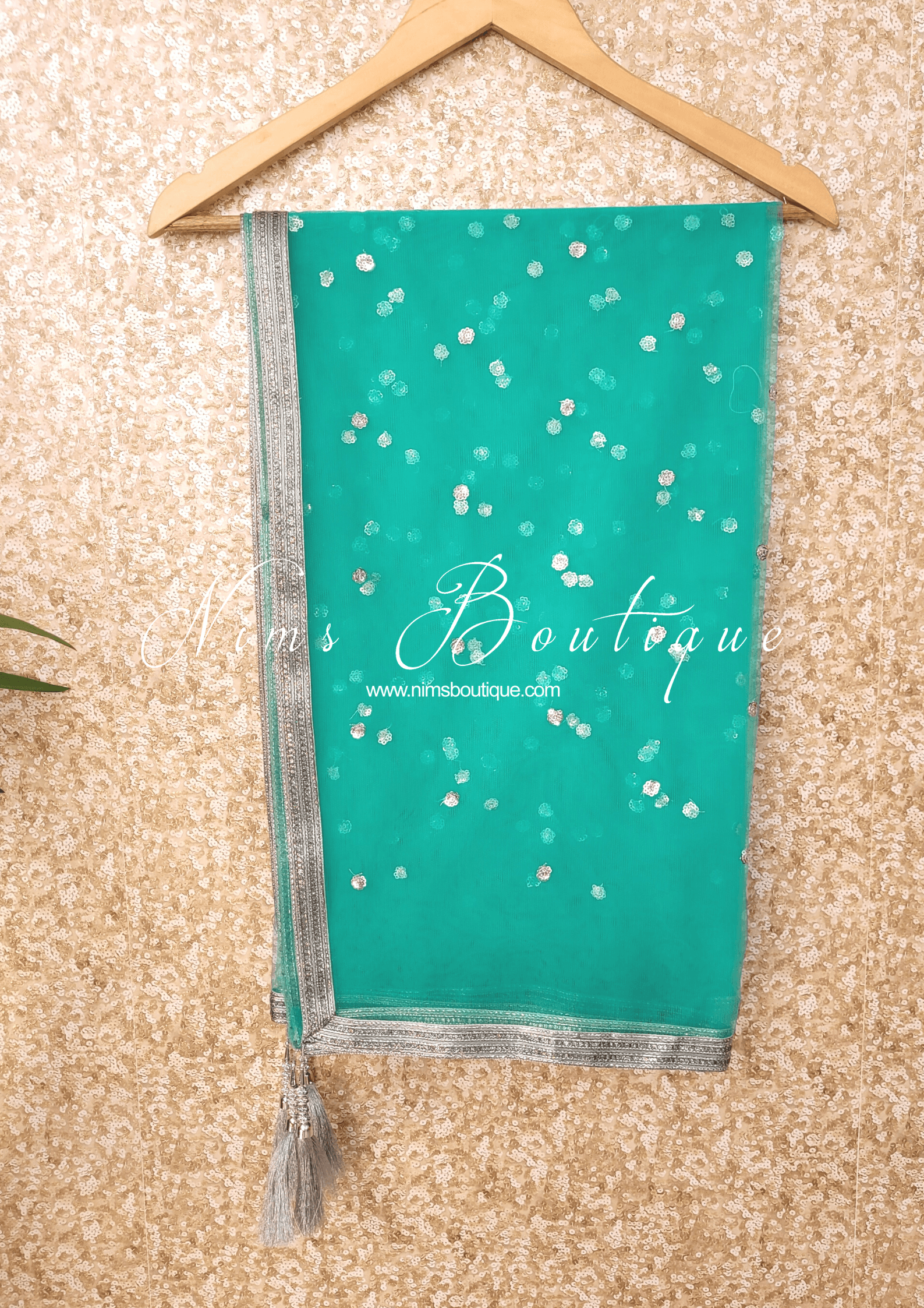 Nims Boutique Sea Green & Silver Sequin Net Sequin Dupatta/Chunni
