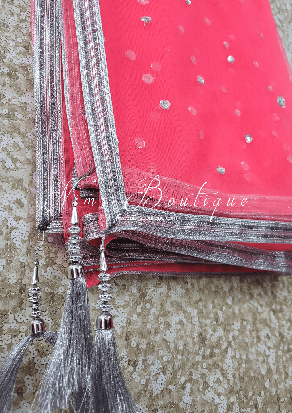 Nims Boutique Coral Pink & Silver Sequin Net Sequin Dupatta/Chunni