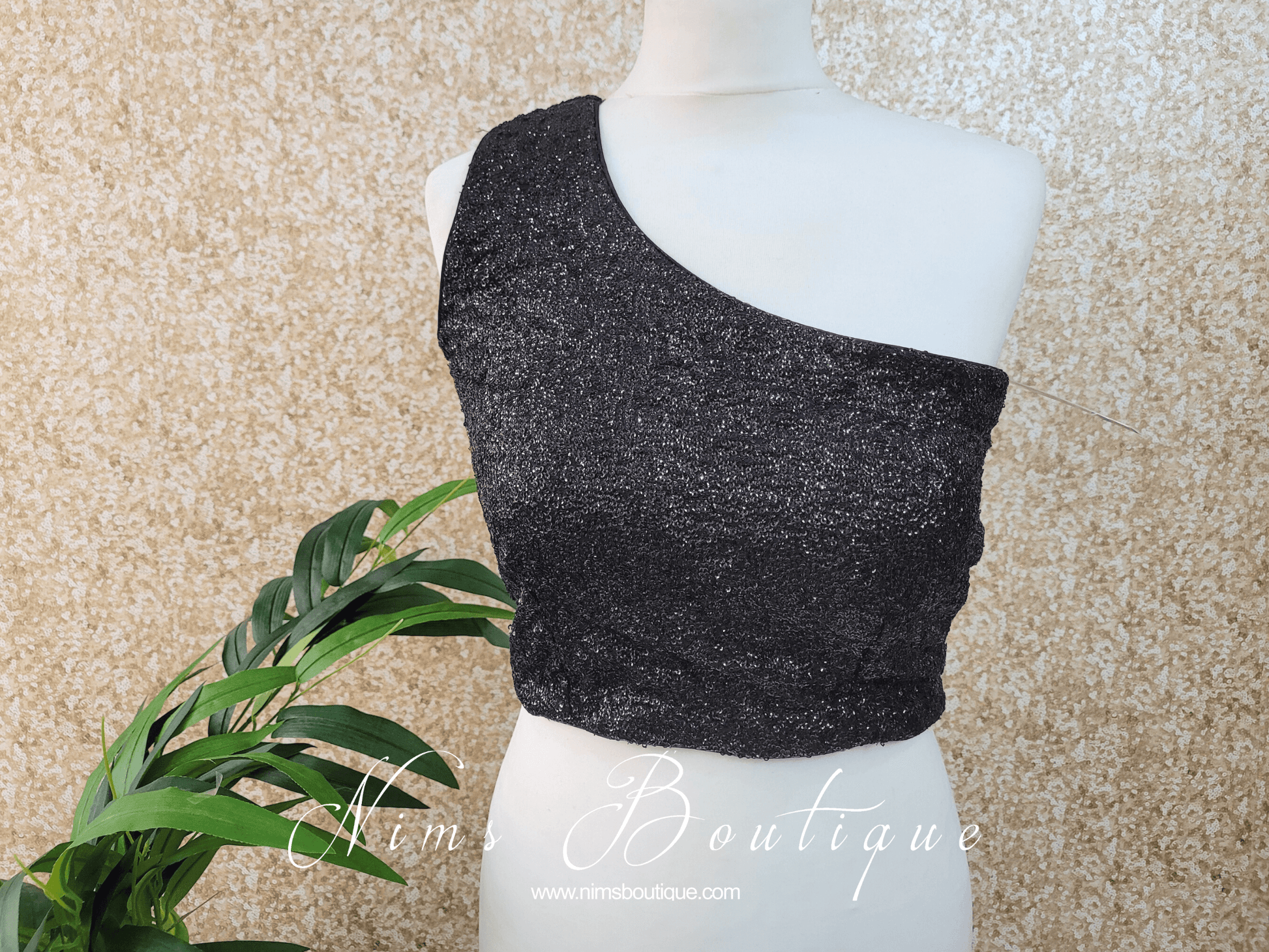 Nims Boutique Luxury One Shoulder Black Sequin Blouse 4-22