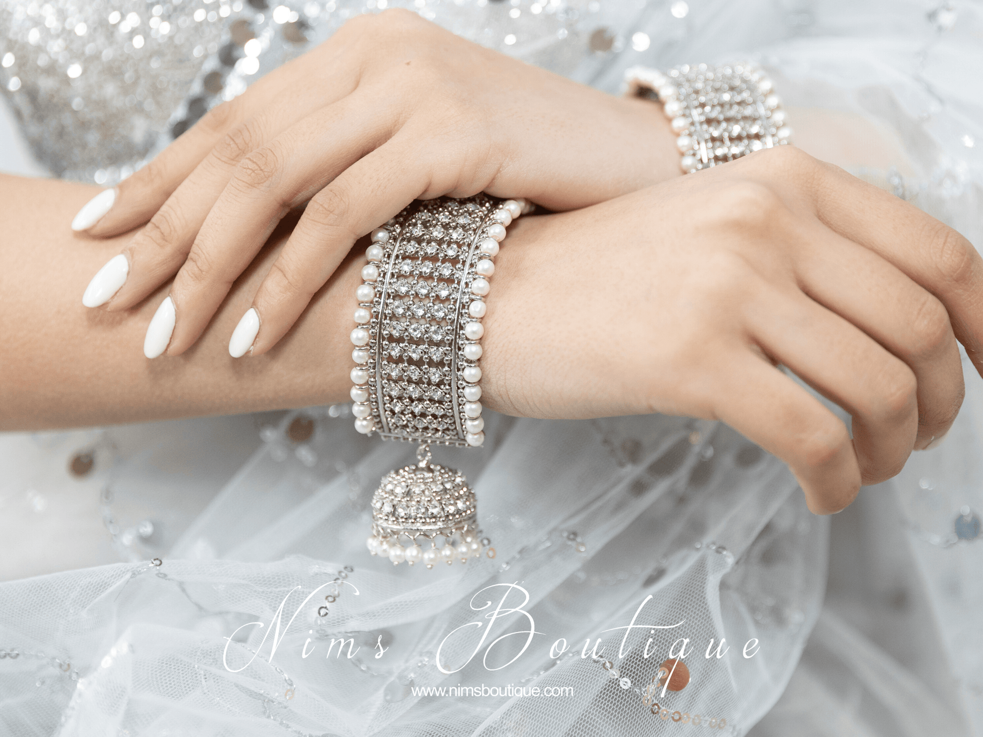 Nims Boutique Royal Silver & Pearl Bracelet with hanging chumka