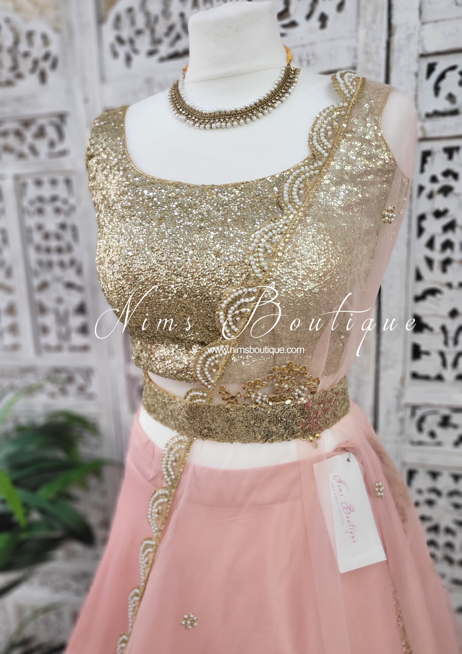 Nims Boutique Pastel Peach Net Pearl Embellished Dupatta/Chunni with Luxury Pearl Edging