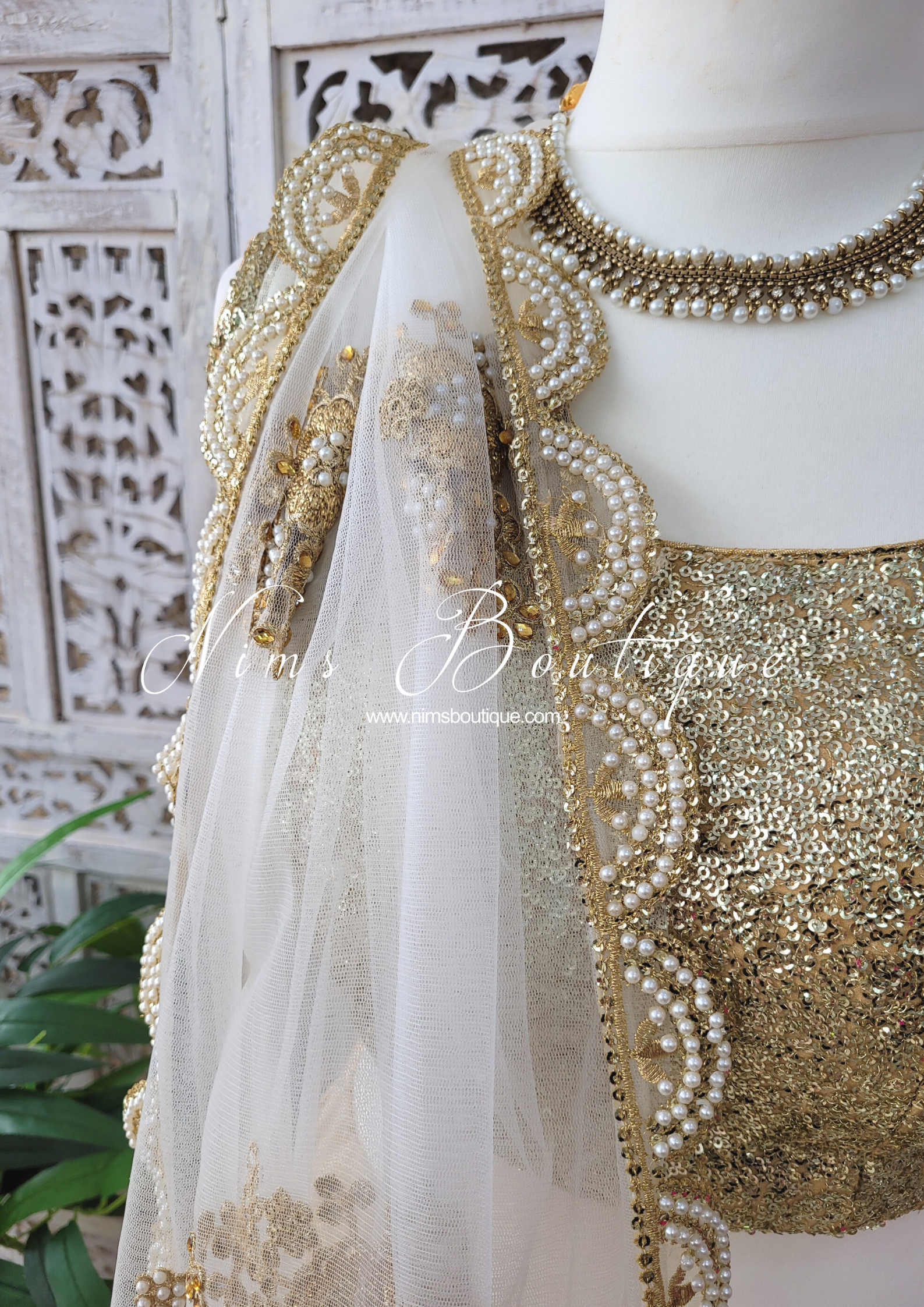 Nims Boutique White Net Pearl Embellished Dupatta/Chunni with Luxury Pearl Edging NPE2
