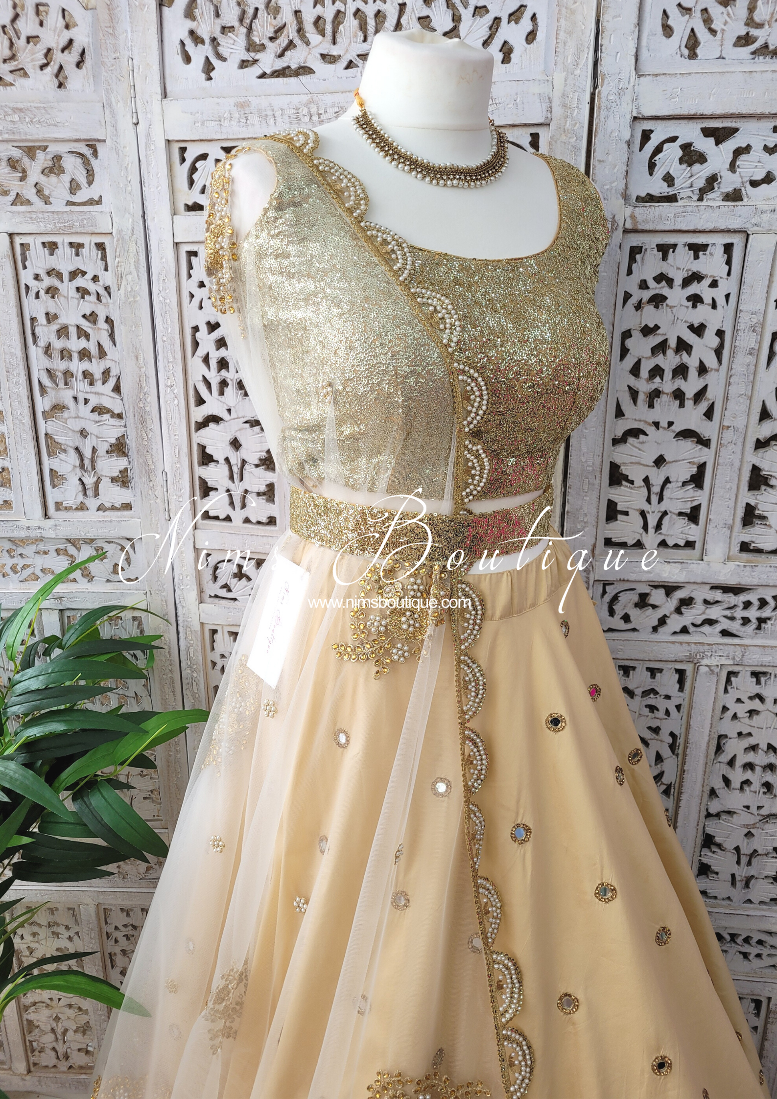Nims Boutique White Net Pearl Embellished Dupatta/Chunni with Luxury Pearl Edging NPE2