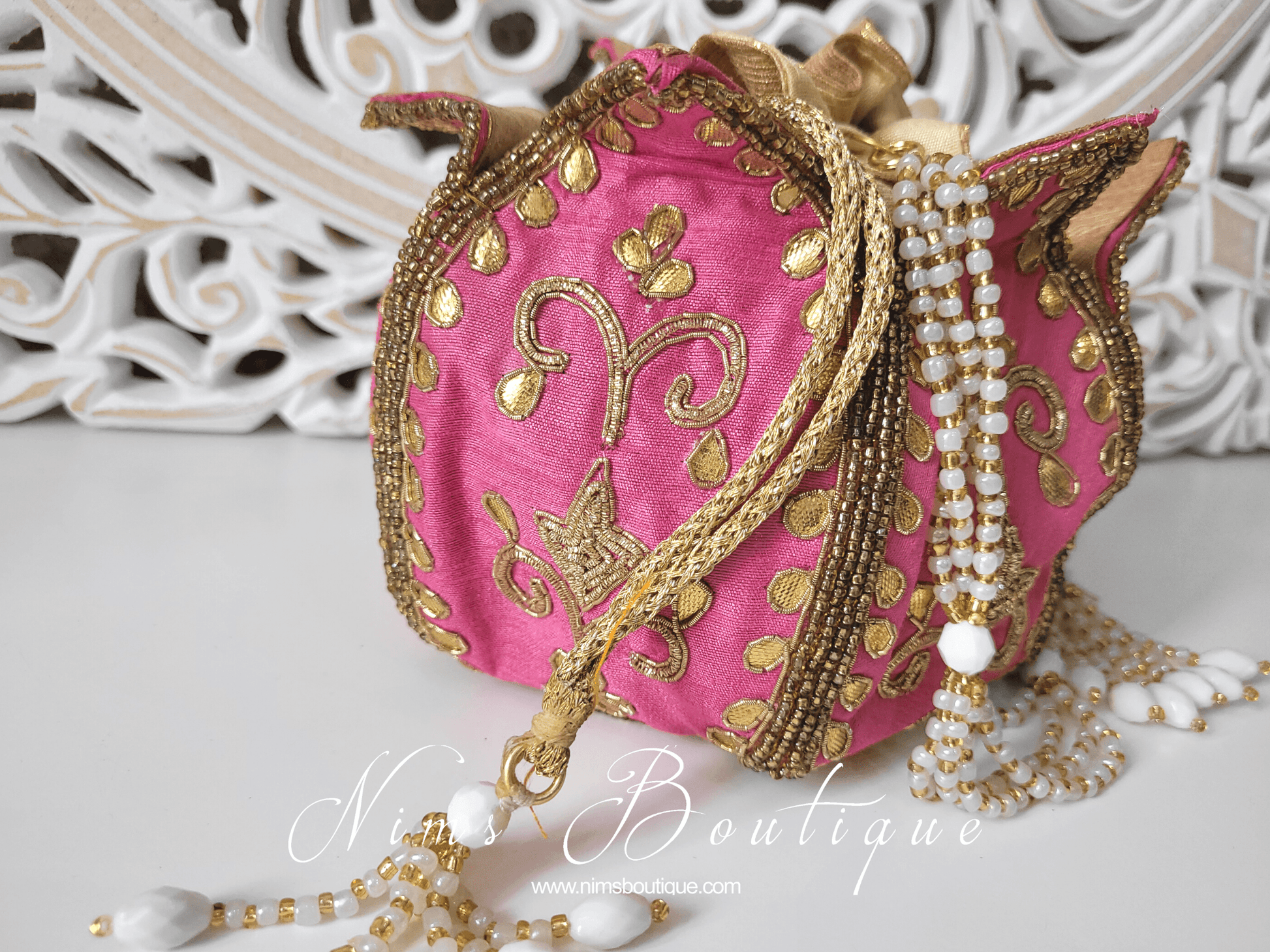 Nims Boutique Pink Potli Raw Silk Embellished Bag