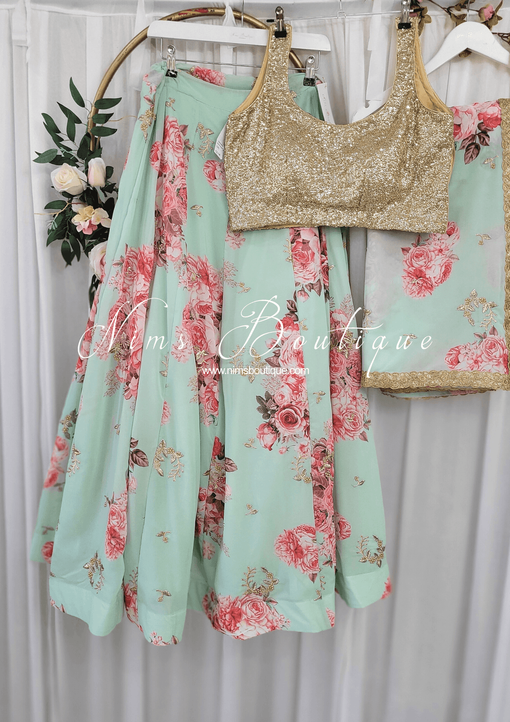 Nims Boutique La Floraison Mint Georgette Floral readymade skirt/lehnga sizes 4-26