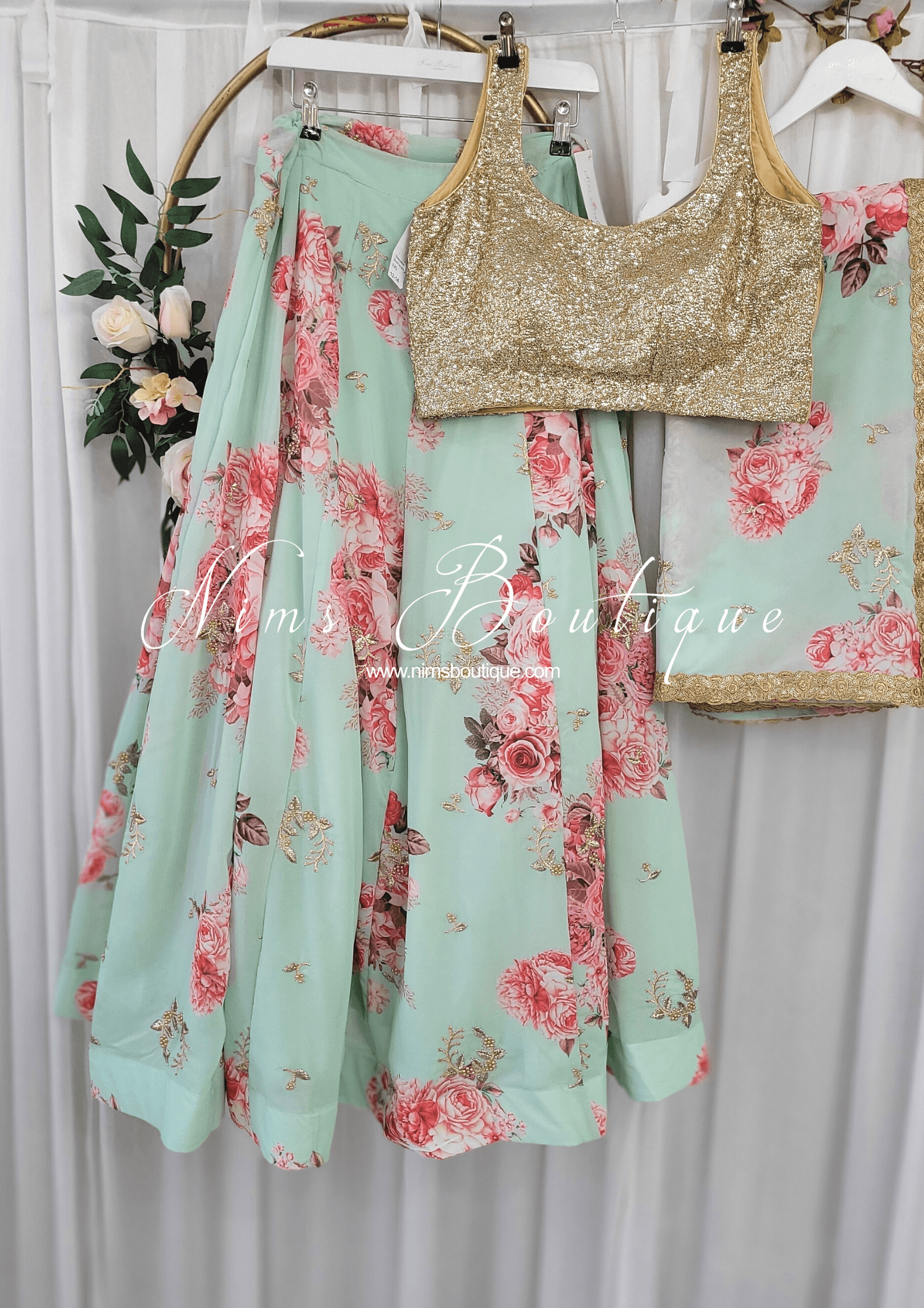 Nims Boutique La Floraison Mint Georgette Floral readymade skirt/lehnga sizes 4-26