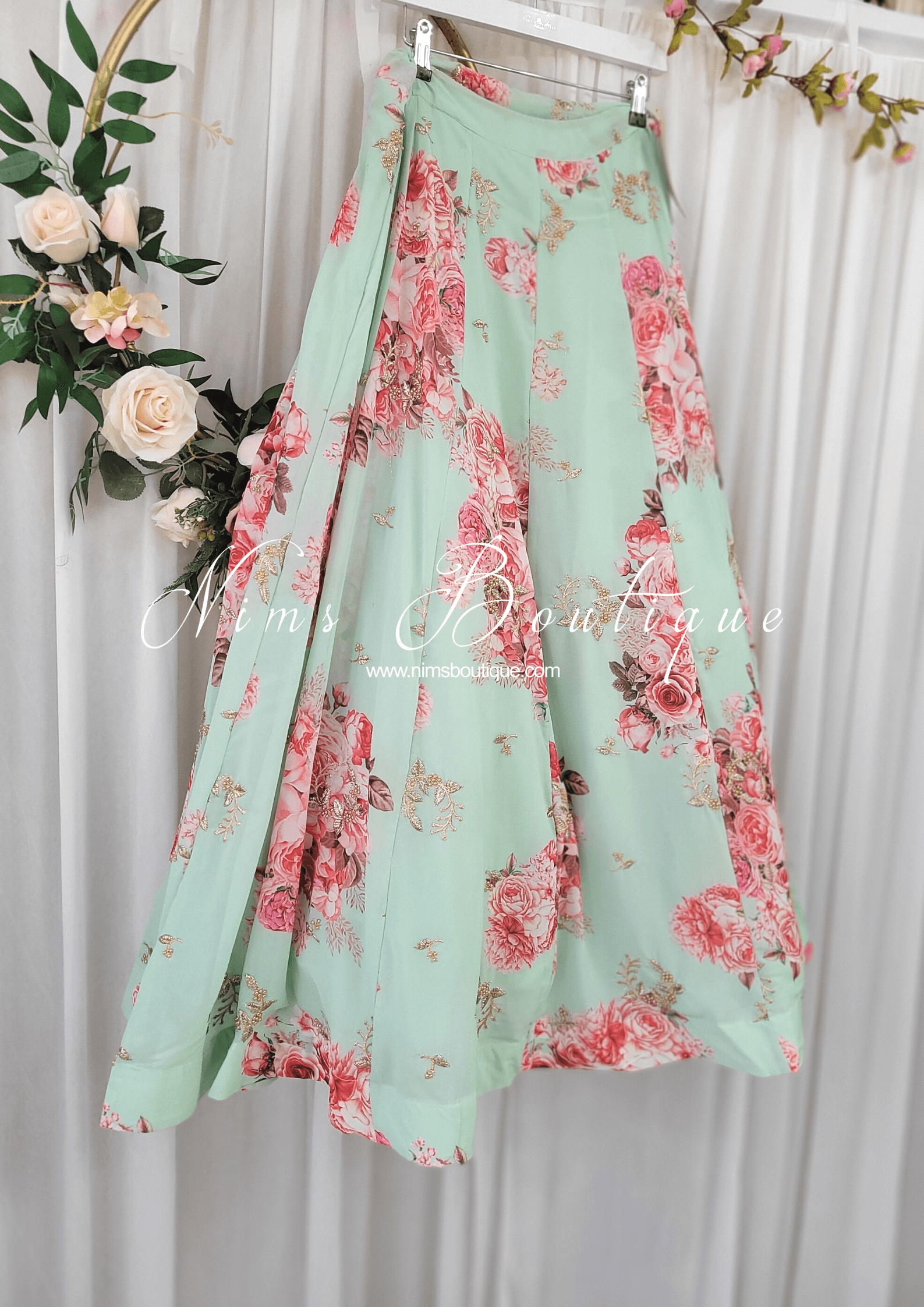 Nims Boutique La Floraison Mint Georgette Floral readymade skirt/lehnga sizes 4-26