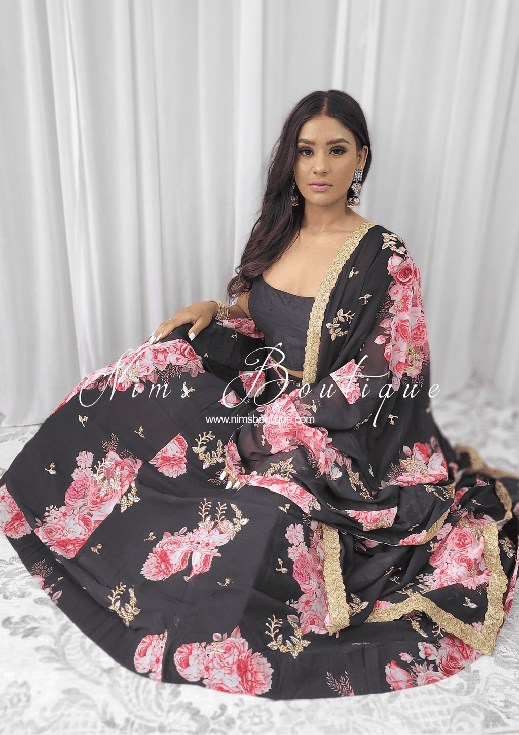 Nims Boutique La Floraison Black Georgette Floral readymade skirt/lehnga sizes 4-24