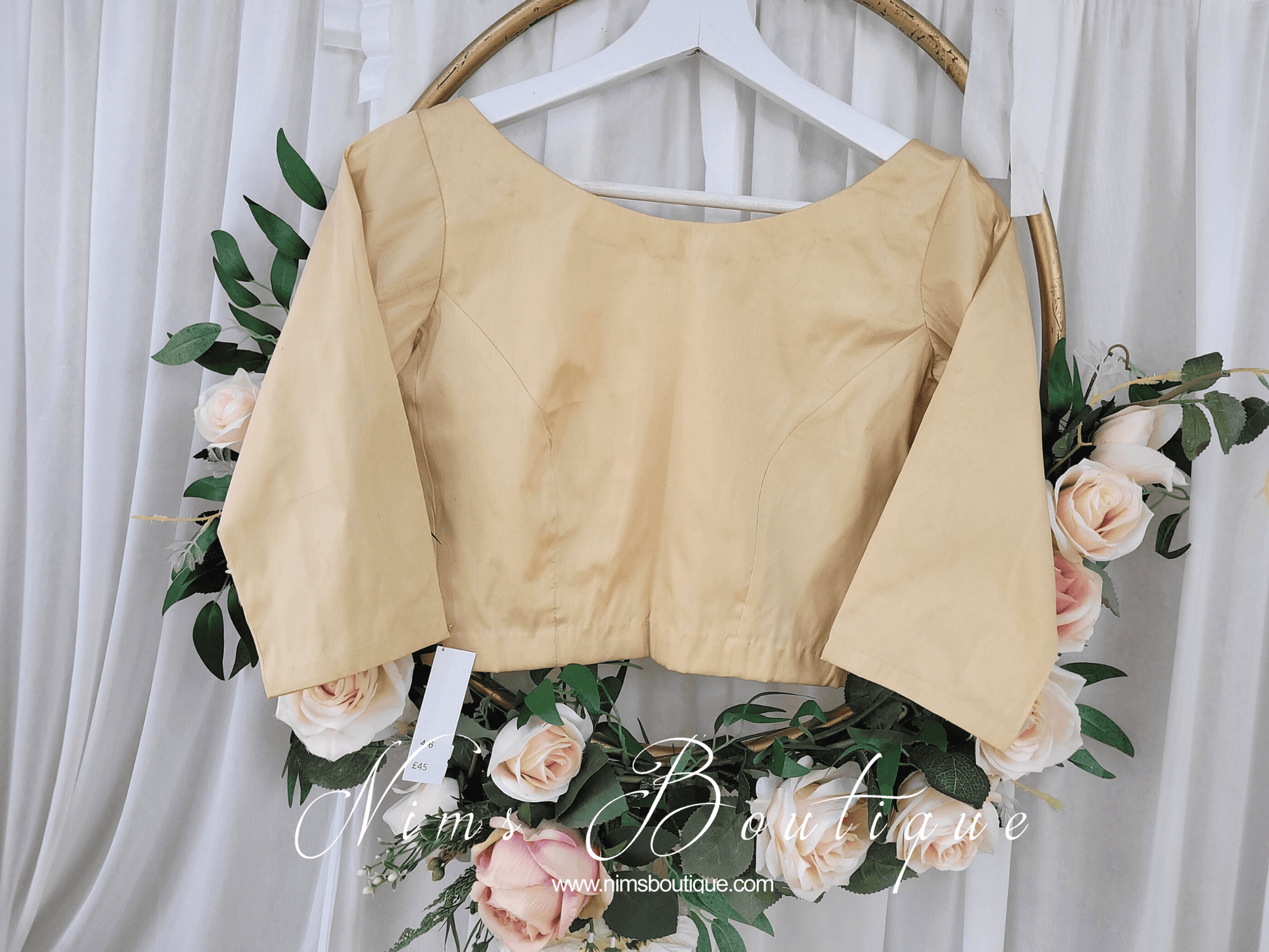 Nims Boutique Light Gold Pure Silk High Neck Blouse with sleeves size 4-12