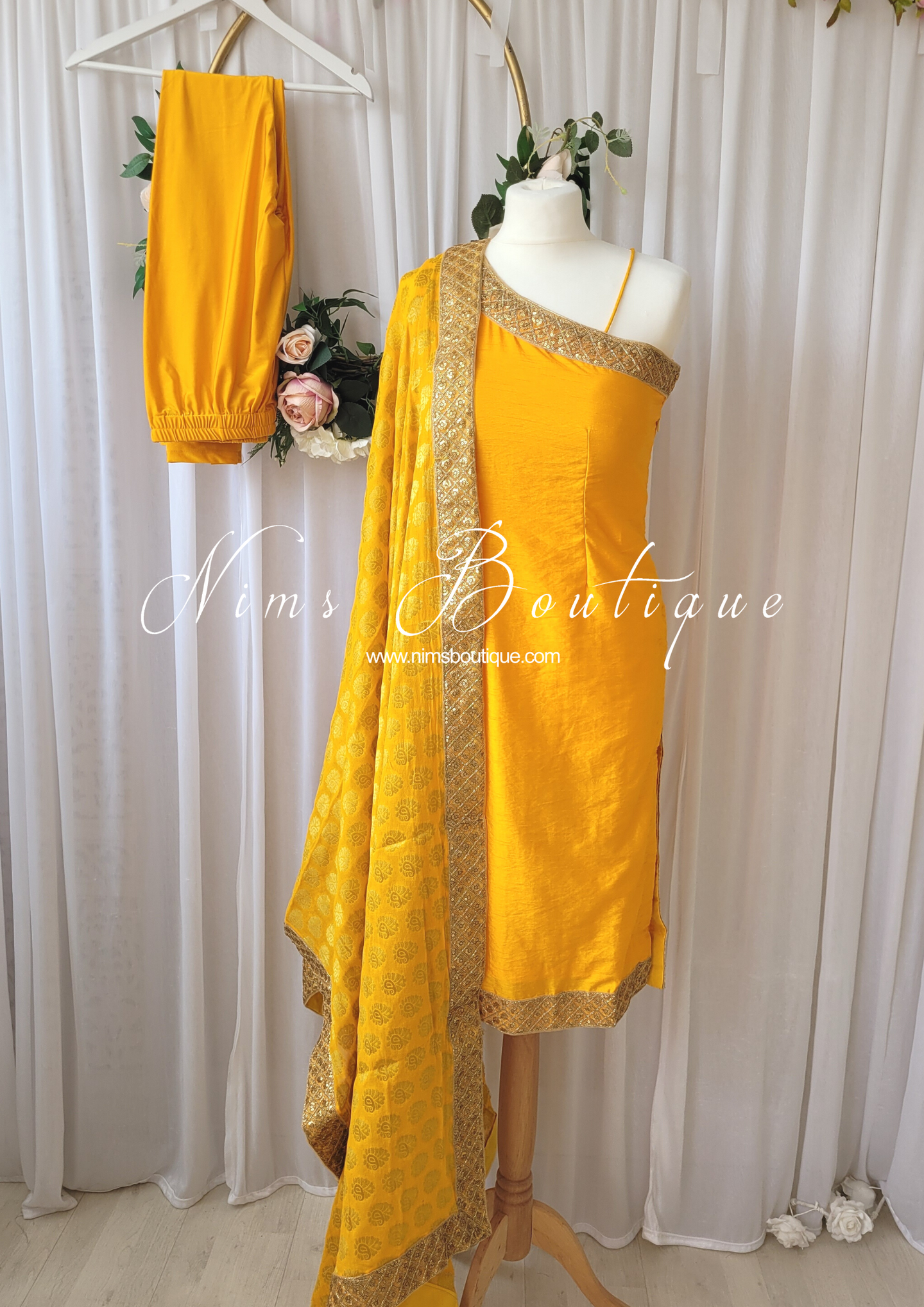 One Shoulder Silk Yellow Pajami Suit (size 4-16)