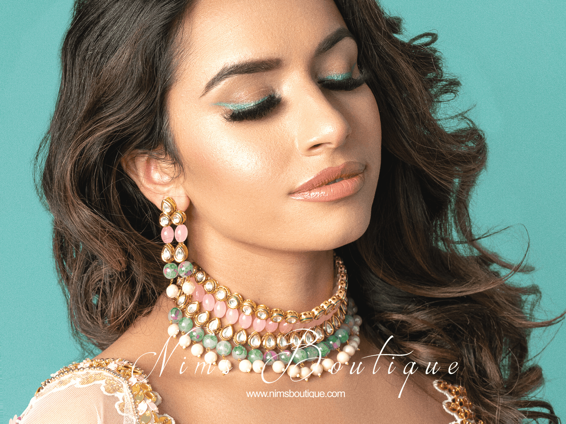 Nims Boutique Pavan Pastel Pink Kundan & Green Floral Bead Choker Set