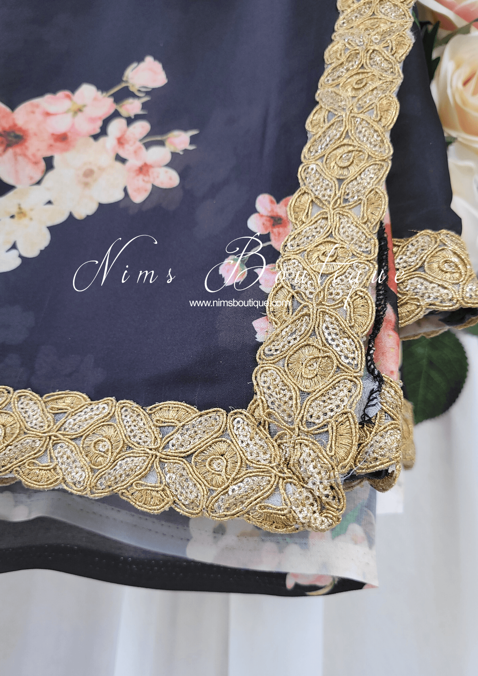 Nims Boutique La Floraison Black Floral Satin Saree