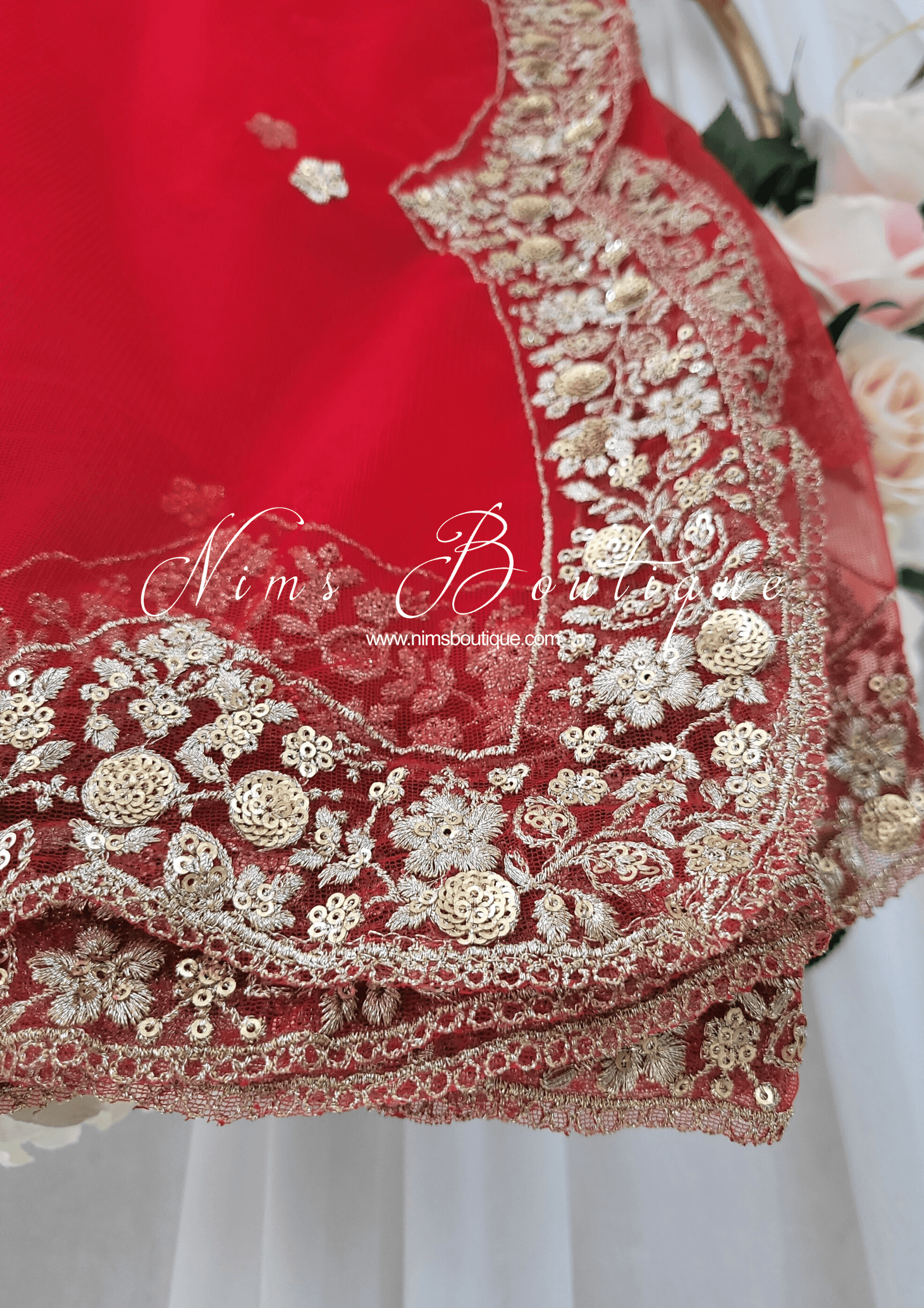 Nims Boutique Luxury Red Net Sequin Scallop Edge Dupatta/Chunni SE2